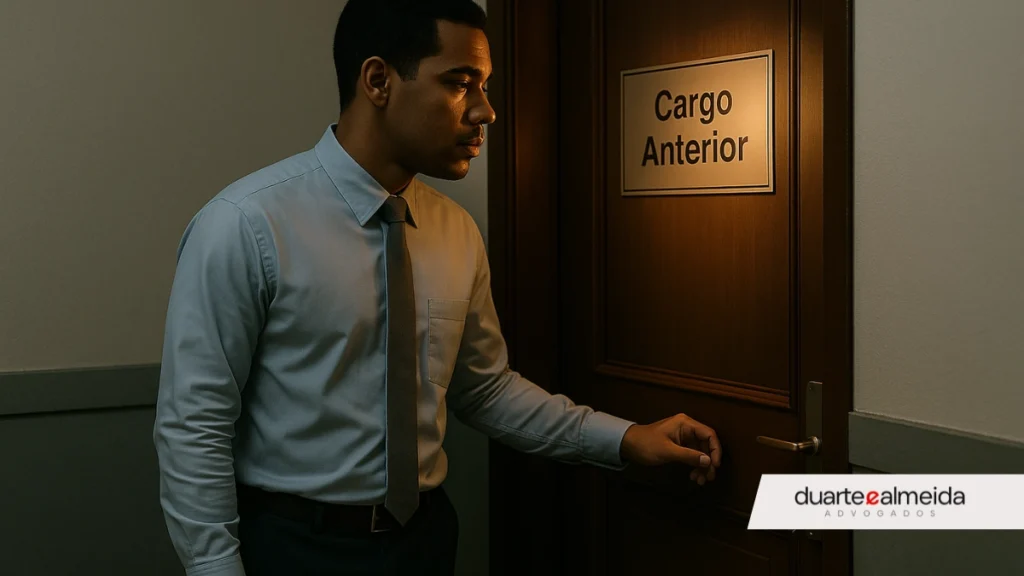 Servidor público jovem e pardo prestes a abrir a porta marcada como “Cargo Novo”, mas olhando para a porta ao lado, “Cargo Anterior”, em um corredor institucional.