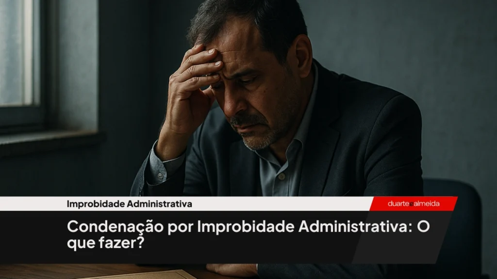 Homem de meia-idade com expressão preocupada, sentado em uma mesa ao lado de uma janela, com a cabeça apoiada na mão e uma pasta identificada como "Improbidade Administrativa" sobre a mesa.