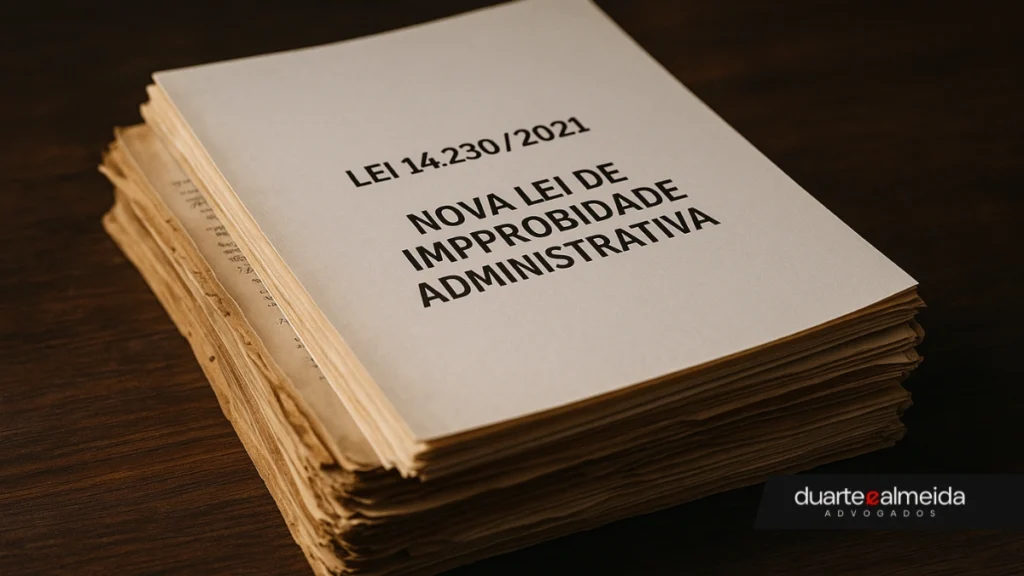 Pilha de papéis envelhecidos com uma folha limpa e atualizada no topo, identificada como “Lei 14.230/2021 – Nova Lei de Improbidade Administrativa”.