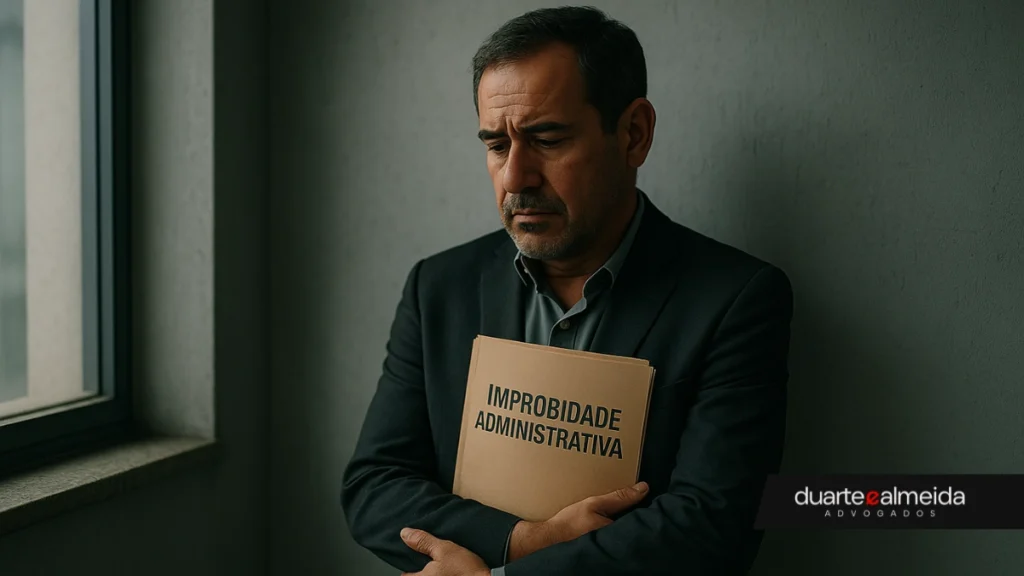 Homem de meia-idade em traje formal, de pé próximo a uma janela, segurando uma pasta escrita “Improbidade Administrativa” contra o peito, com expressão séria e introspectiva.