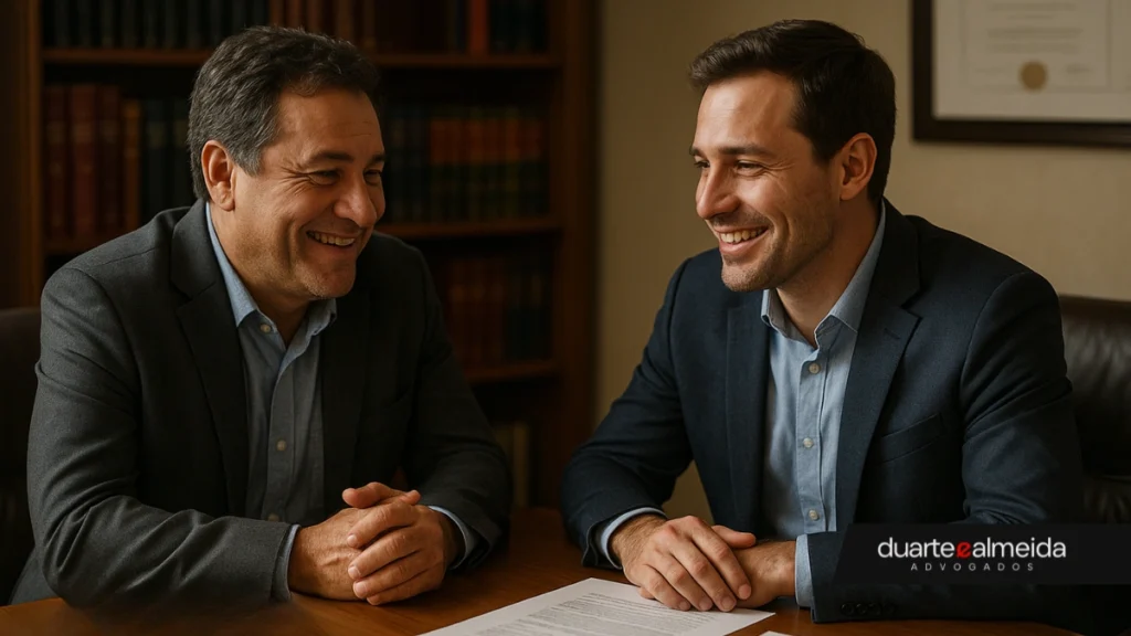 Dois homens de terno, sorrindo e conversando em um escritório jurídico, sentados à mesa com documentos e livros jurídicos.
