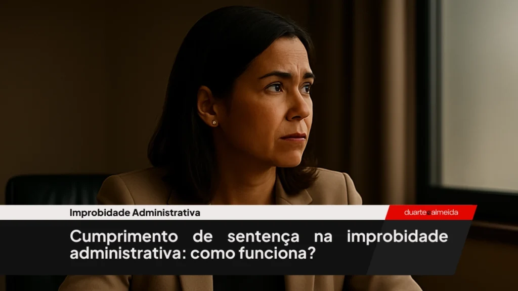Mulher de aparência sofisticada olha pela janela com expressão preocupada e reflexiva. Ela está sentada em um escritório, com documentos legais à sua frente e luz suave iluminando seu perfil.