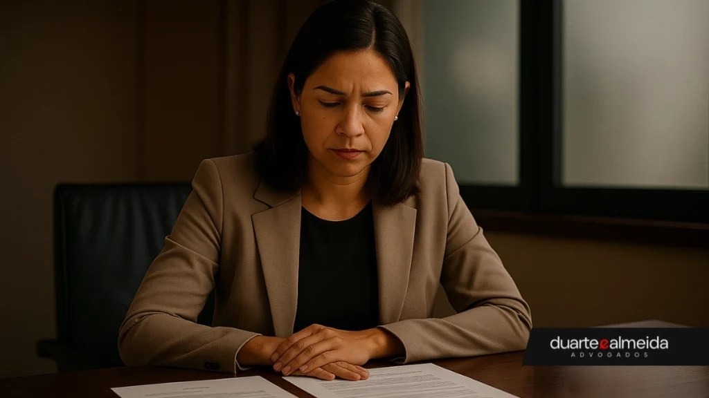Mulher de pele morena clara, cerca de 40 anos, sentada à mesa de um escritório elegante, olhando para baixo com expressão séria. Papéis jurídicos e objetos de escritório à sua frente sugerem preocupação com um processo judicial.