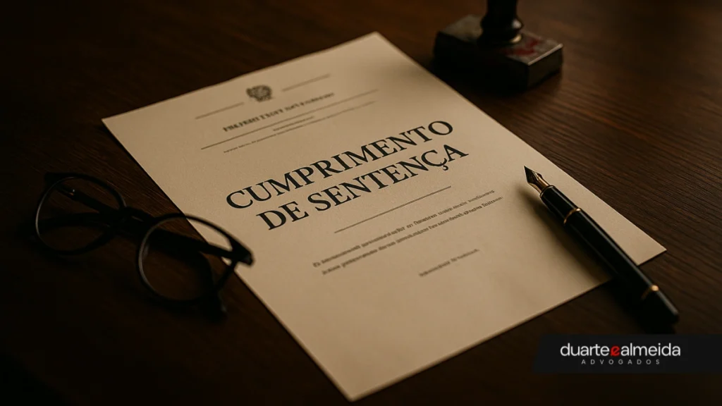 Close-up de uma mesa de madeira com uma decisão judicial ao centro, com o título “Cumprimento de Sentença” visível. Ao redor, óculos, carimbo com tinta vermelha e uma caneta tinteiro, em ambiente iluminado lateralmente.