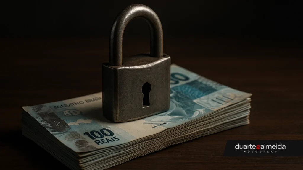 Cadeado de metal trancando uma pilha de cédulas de 100 reais sobre uma superfície de madeira escura.