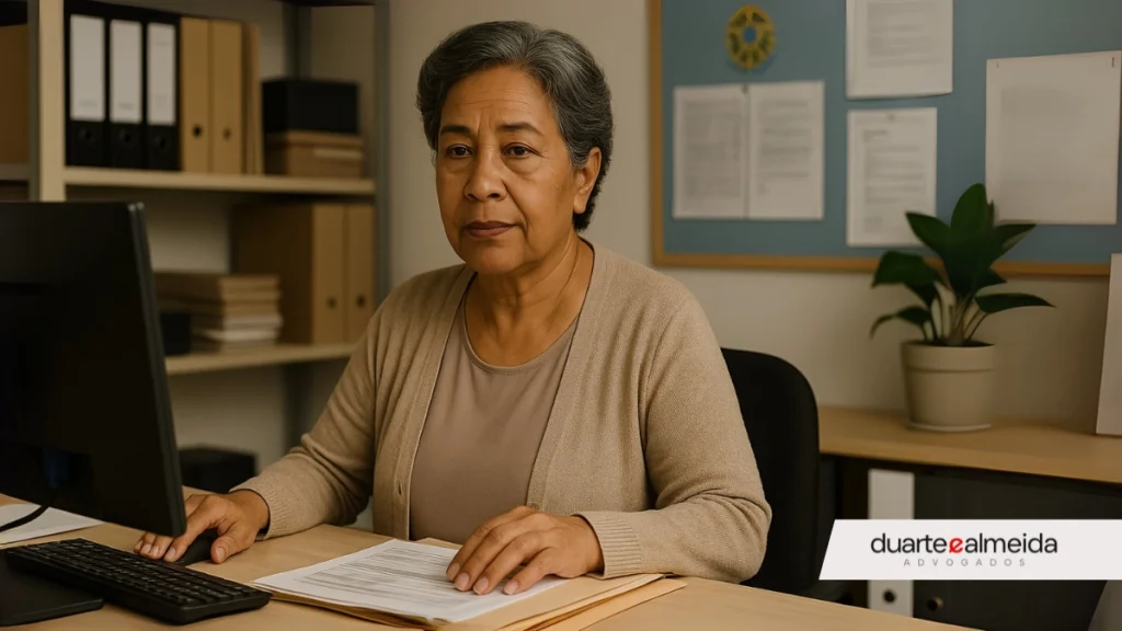Mulher madura trabalhando em um escritório administrativo, com expressão séria e concentrada, diante de um computador e documentos.