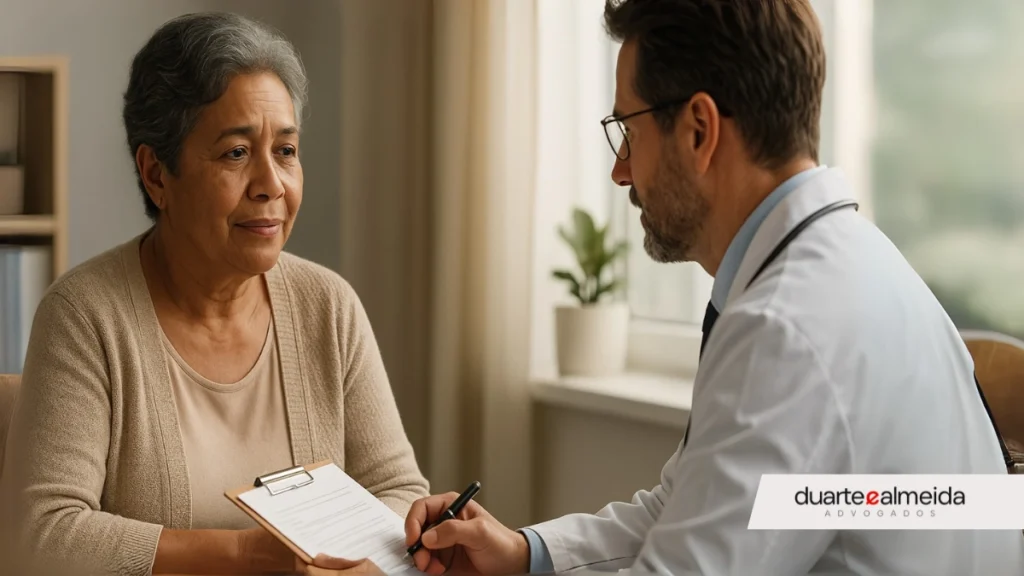 Mulher de meia-idade em consulta médica, segurando um prontuário enquanto conversa com um médico em ambiente clínico iluminado.