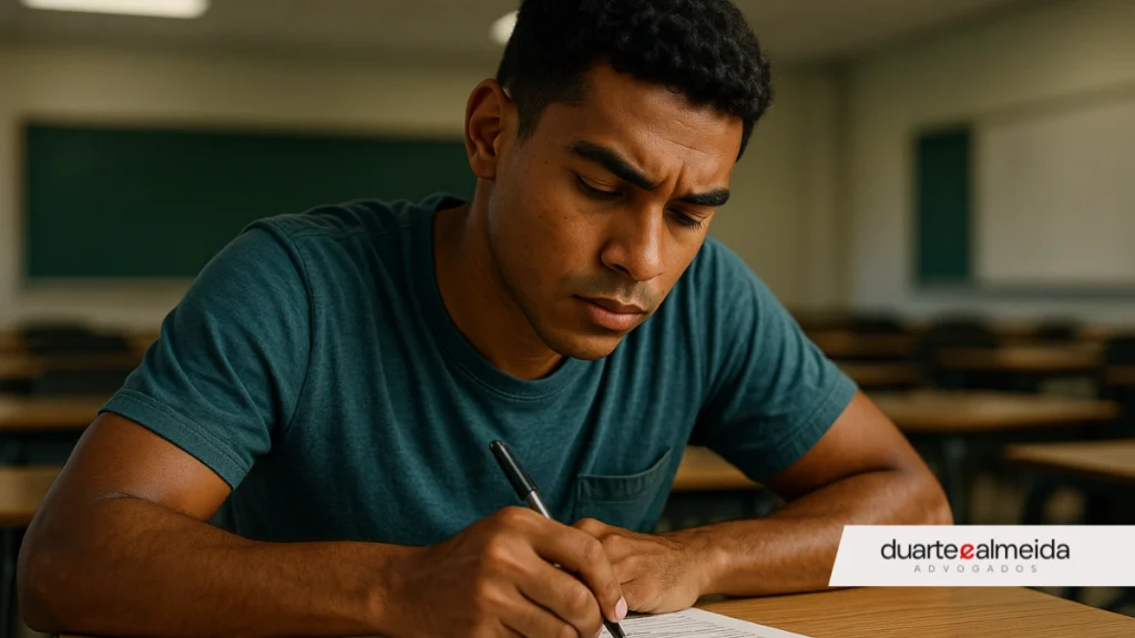 Jovem brasileiro pardo fazendo prova de concurso público em sala de aula, com expressão concentrada.
