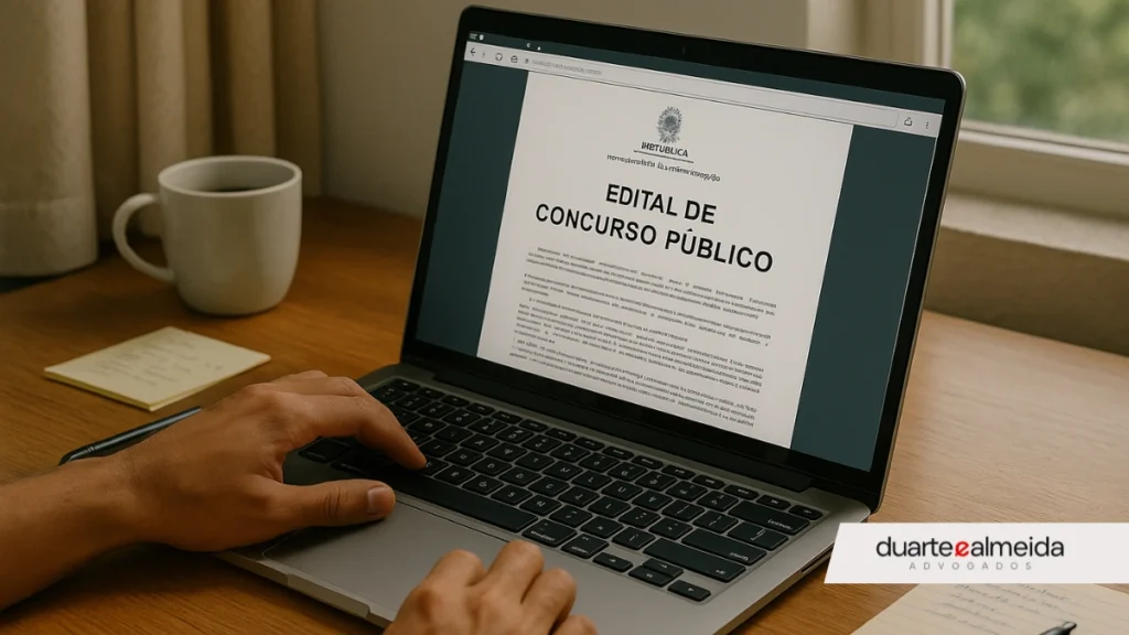 Tela de notebook mostrando edital de concurso público, com mãos de candidato navegando pelo documento.