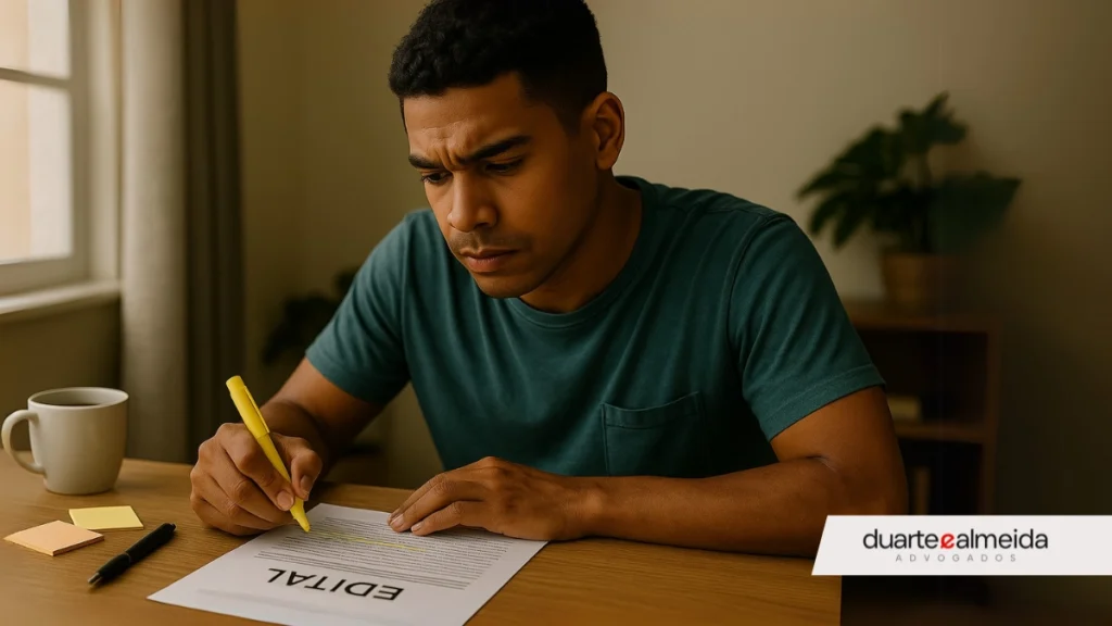 Jovem pardo revisando edital de concurso público com marca-texto, expressão séria e focada.