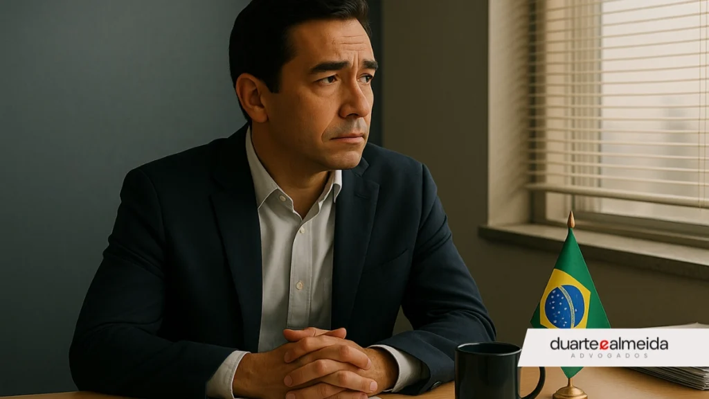 Servidor público de meia-idade, vestindo terno azul e camisa branca, sentado em sua mesa de trabalho com expressão séria e preocupada. Ao seu lado, uma bandeira do Brasil em miniatura, uma caneca preta e uma pilha de documentos.