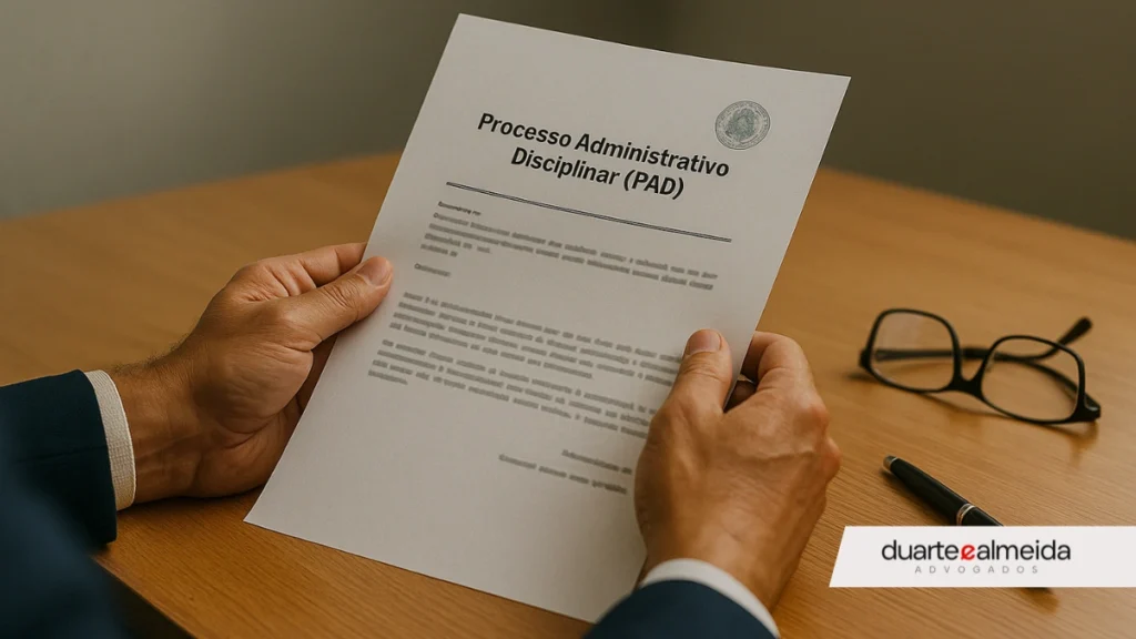 Close em mãos de servidor público segurando um documento oficial com o título “Processo Administrativo Disciplinar (PAD)”. Há um carimbo visível e fundo desfocado com mesa, caneta e óculos.