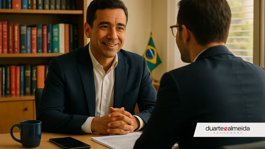 Servidor público sentado à mesa em reunião com um advogado. Ambos sorriem em um ambiente profissional, demonstrando confiança e parceria estratégica. O advogado aparece de costas, e o servidor, visto de frente, é o mesmo das imagens anteriores.