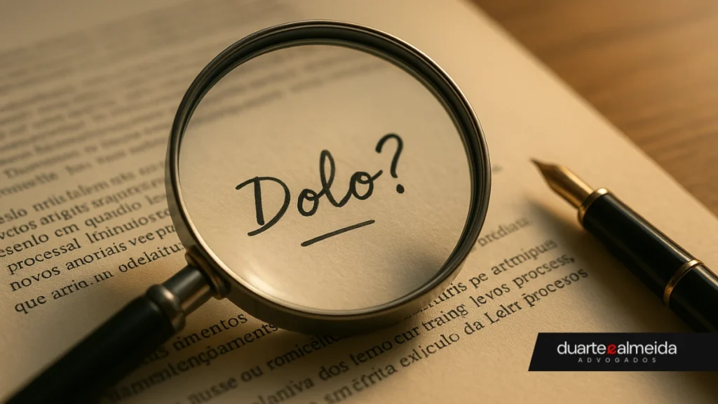 Lupa ampliando a palavra “Dolo?” em um processo jurídico, destacando o foco na intenção como novo critério na Lei de Improbidade Administrativa.