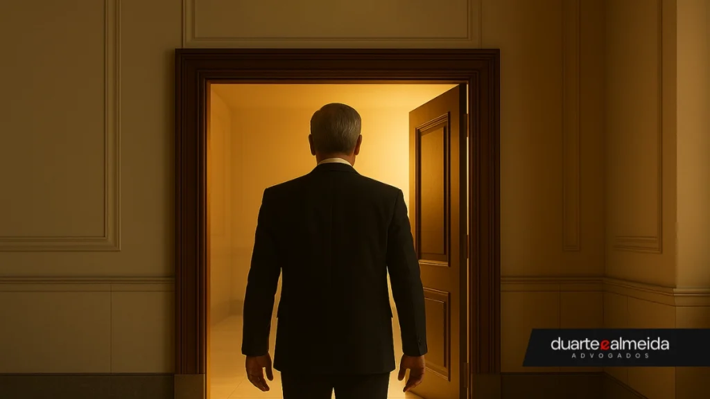 Servidor público caminha rumo a uma porta de tribunal aberta e iluminada, simbolizando a possibilidade de absolvição pela nova Lei de Improbidade Administrativa.