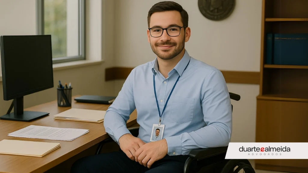 Servidor público cadeirante trabalhando em seu escritório, usando crachá e sentado à mesa com computador e documentos oficiais, em um ambiente iluminado e organizado.