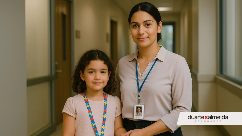 Mãe servidora pública ao lado da filha com autismo, que usa cordão com estampa de quebra-cabeça, ambas em um ambiente institucional, transmitindo proteção e acolhimento.
