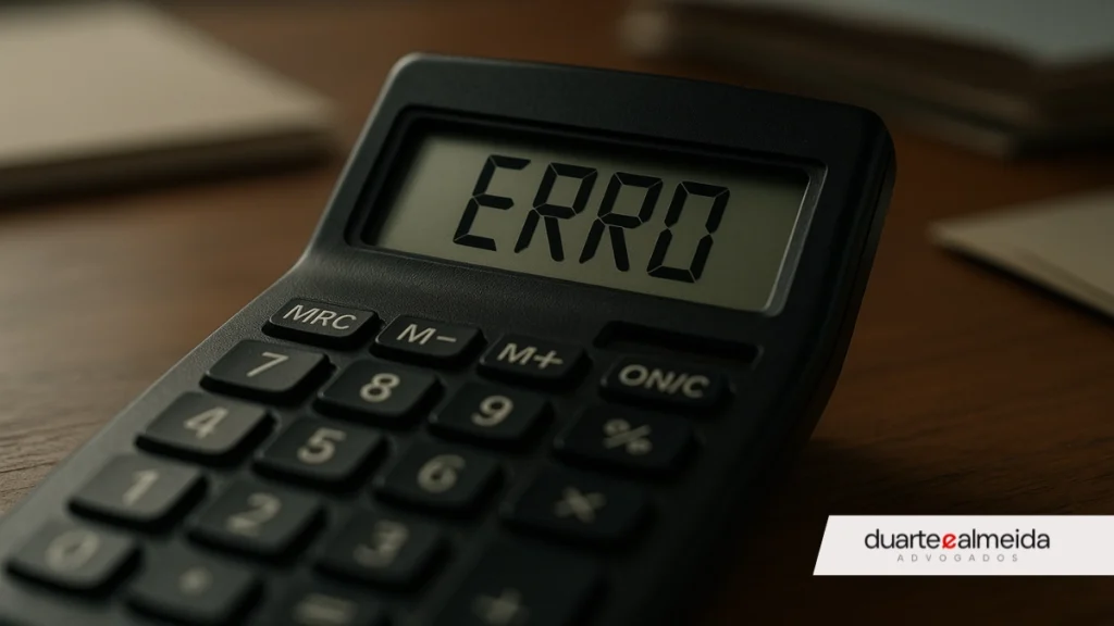 Calculadora sobre mesa de madeira com a palavra "ERRO" exibida no visor.