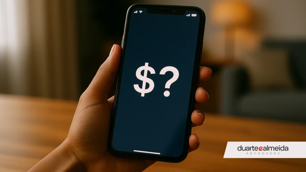 Mão feminina segurando um celular que exibe na tela o símbolo "$?" sobre fundo escuro, sugerindo incerteza financeira.