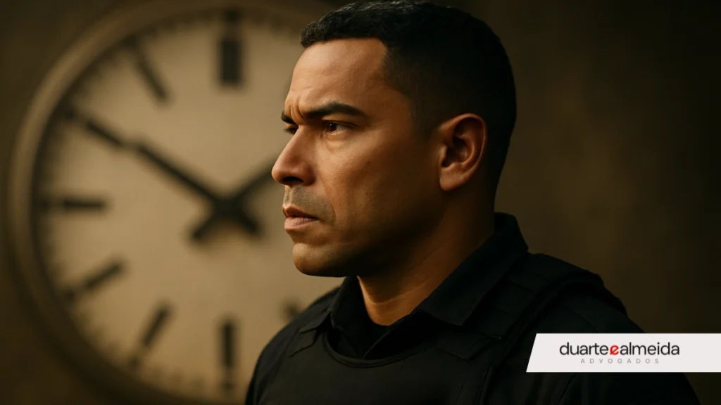 Close-up de perfil de um policial civil brasileiro olhando fixamente para frente, com um grande relógio desfocado ao fundo.