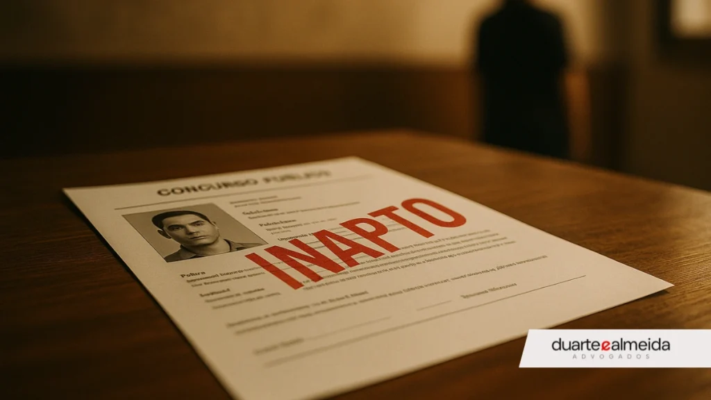 Documento impresso de candidato ao concurso da PCPB com carimbo "INAPTO", sobre a mesa, e uma figura desfocada ao fundo em pé.