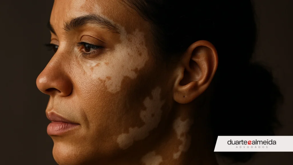 Close de perfil de uma mulher com vitiligo, expressão serena e iluminação suave.