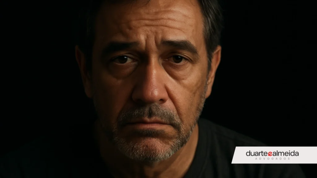 Close-up de um homem mais velho olhando para a câmera com olhar triste, fundo preto, luz dramática.