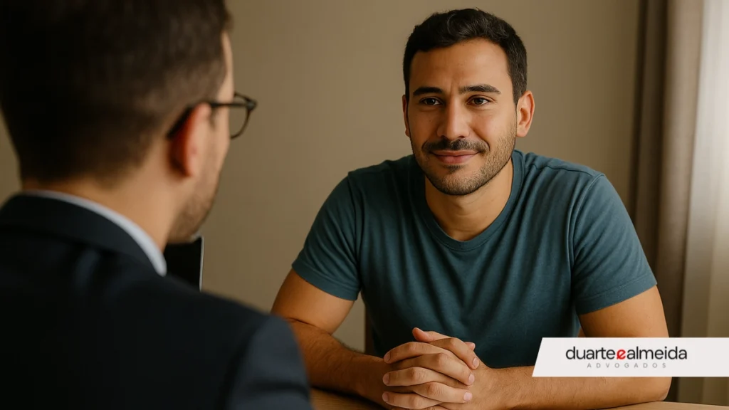 Concurseiro aliviado conversa com advogado; advogado de costas, mostrando apenas a nuca.