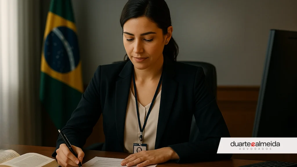 Mulher servidora pública em ambiente de trabalho institucional, usando crachá e blazer, concentrada em tarefas administrativas ou jurídicas.
