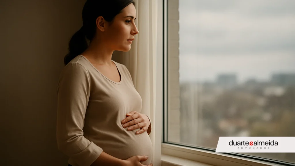 Mulher grávida de perfil, olhando pela janela com expressão reflexiva e silenciosa. Suas mãos repousam sobre a barriga em um gesto de introspecção.