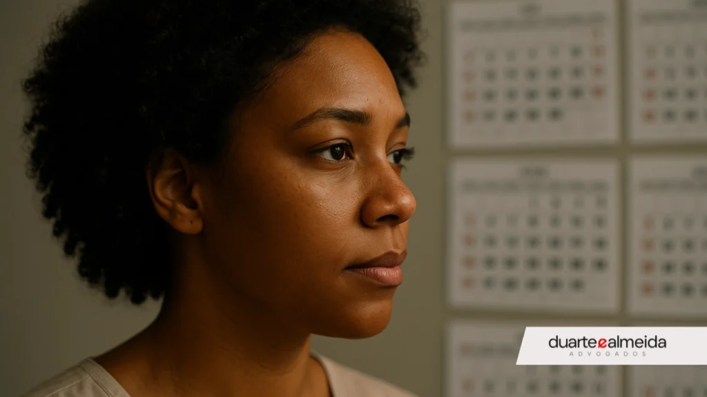 Close-up no rosto de perfil de uma mulher negra, com calendários ao fundo em desfoque.