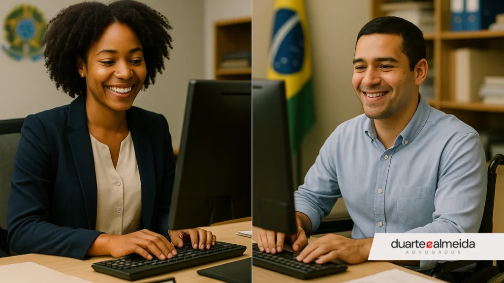 Imagem dividida com dois servidores públicos felizes: uma mulher negra e um homem cadeirante, ambos em seus ambientes de trabalho.