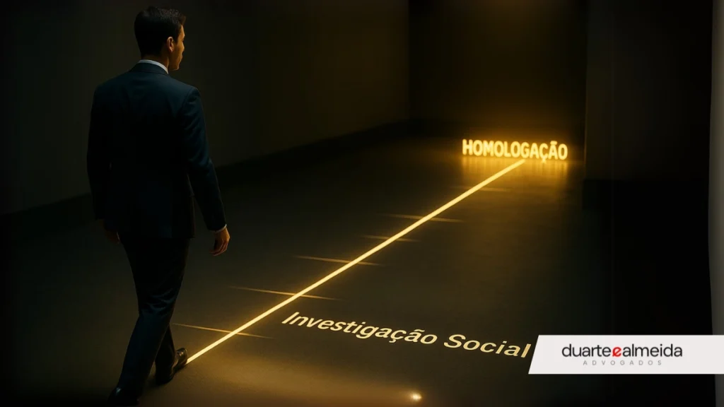 Jovem candidato caminha sobre uma linha do tempo iluminada com etapas de concurso público, encerrando em uma marca dourada escrita "Homologação".