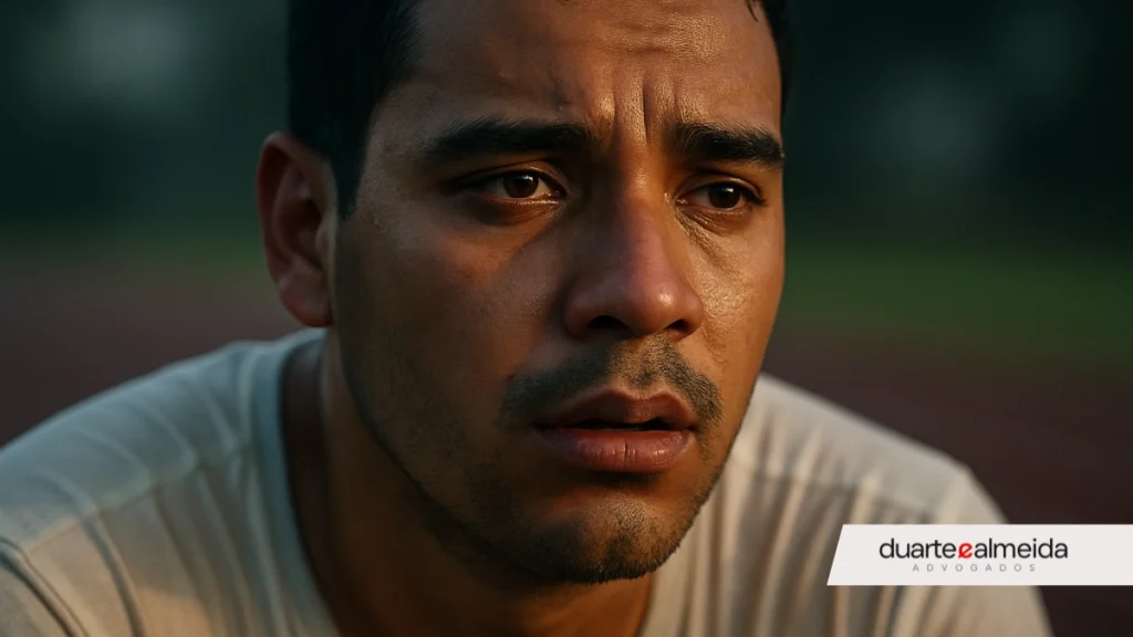 Retrato em close hiper-realista de um jovem suado com feições latinas, expressão cansada e olhar distante, representando frustração e dúvida após o TAF.