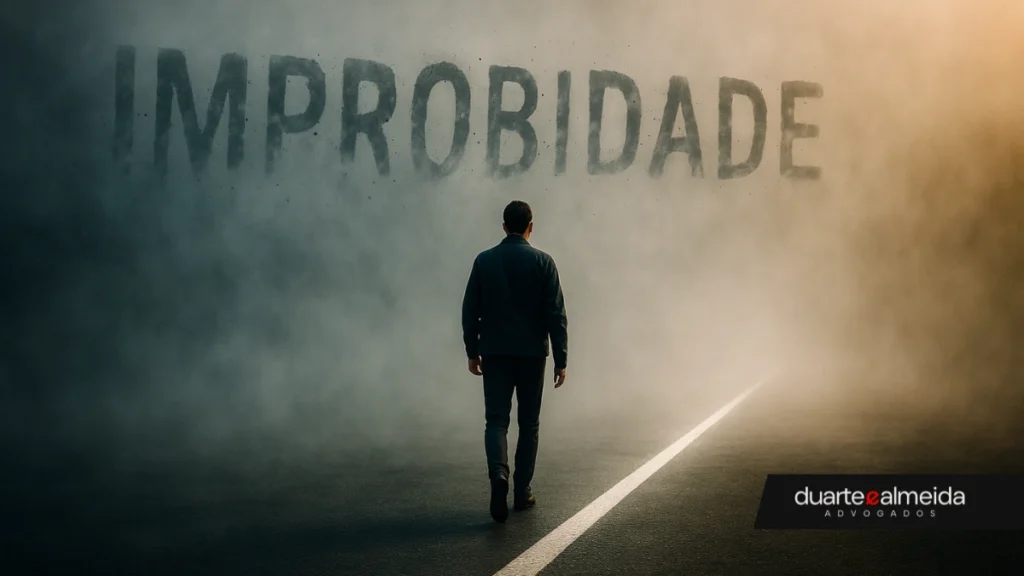 Pessoa atravessando neblina com a palavra “IMPROBIDADE” se desmanchando, enquanto caminha em direção a uma linha clara no chão.