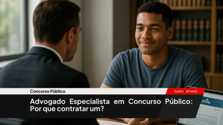 Jovem concurseiro sendo orientado por um advogado especialista, em um escritório moderno e bem iluminado. O concurseiro está sereno, ouvindo atentamente, com expressão de alívio. O advogado está de costas, explicando com calma.