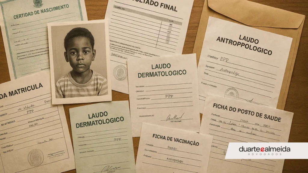 Foto aérea de uma mesa com diversos documentos, laudos e fotos que comprovam a identidade racial de uma pessoa parda.