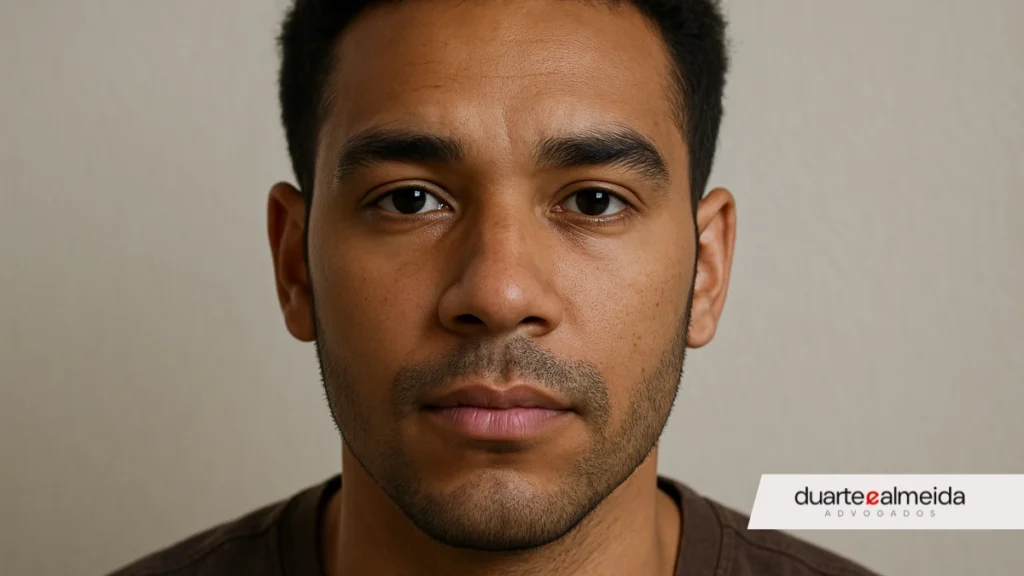 como comprovar que sou pardo em concurso. Close-up realista do rosto de um homem pardo jovem com expressão neutra, olhando diretamente para a câmera.