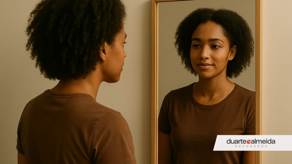 Mulher parda se observa no espelho com expressão introspectiva, em um ambiente iluminado de forma neutra.
