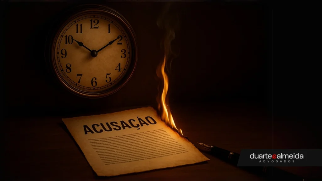 prescrição na improbidade administrativa. Documento jurídico sendo apagado ou queimado pelas bordas enquanto um relógio antigo paira acima, simbolizando o tempo consumindo o direito.