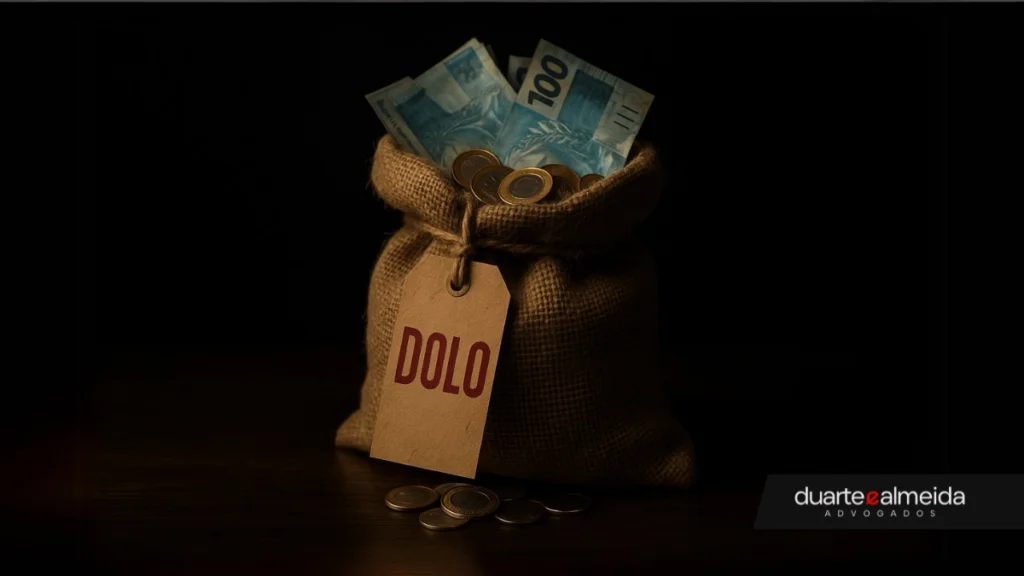 Saco de juta com dinheiro brasileiro e etiqueta de papel presa com a palavra "DOLO" escrita em vermelho, em fundo escuro.