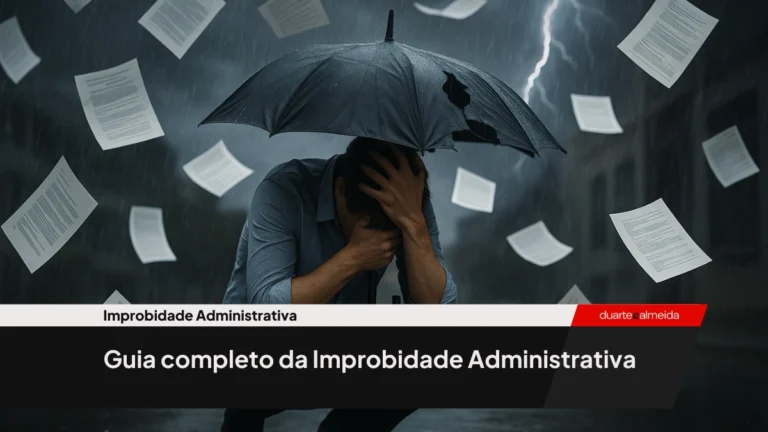Homem agachado em meio a uma tempestade, protegendo-se com um guarda-chuva rasgado enquanto documentos jurídicos voam ao redor. A cena transmite opressão emocional e sobrecarga causada por acusações legais.
