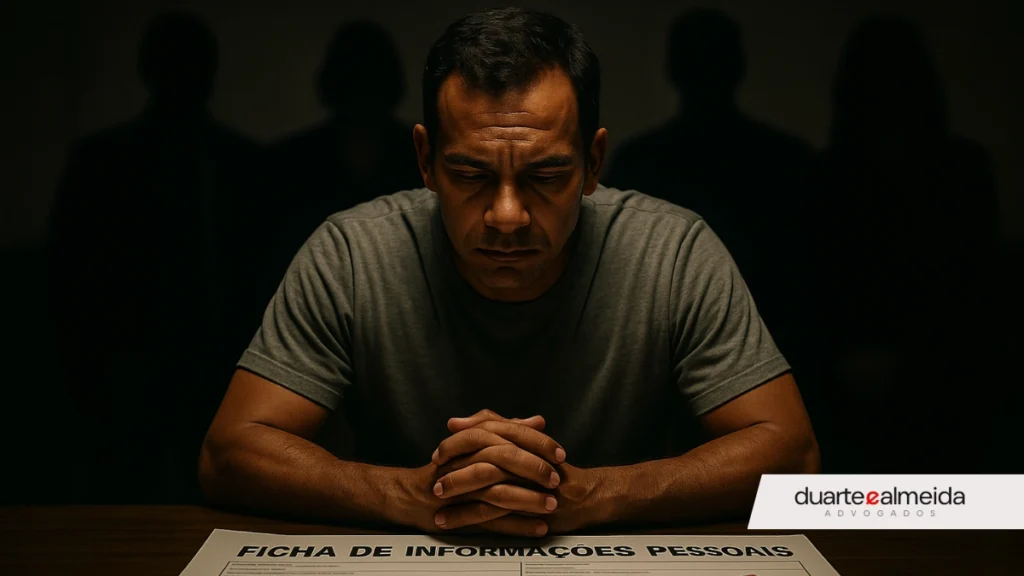 Homem sentado à mesa, sendo avaliado por figuras sombreadas, com uma ficha de informações pessoais marcada com ‘ELIMINADO’. Cena sombria simbolizando julgamento na investigação social do concurso.
