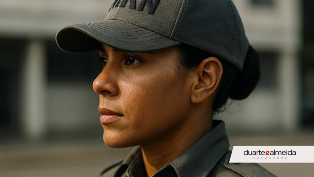 Retrato de perfil de uma policial militar do Rio Grande do Norte, com expressão séria e uniforme oficial. Ela veste um boné com as iniciais ‘PMRN’ bordadas, olhando para a frente com determinação.