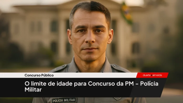 Retrato realista de um candidato à Polícia Militar com o rosto dividido sutilmente entre juventude e maturidade. O uniforme cinza e os distintivos oficiais reforçam a identificação com concursos da PM, ao fundo há um prédio institucional e a bandeira do Brasil.