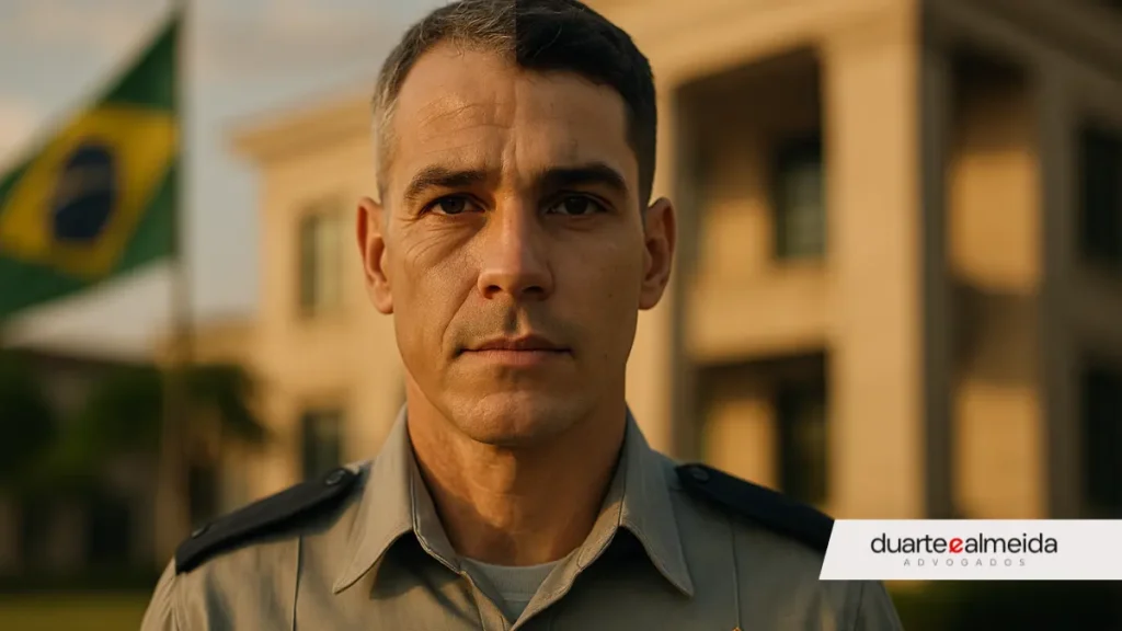 Imagem dividida ao meio com a figura central de um homem: de um lado, representando um candidato jovem à Polícia Militar; do outro, um candidato mais velho, ambos com o mesmo uniforme, unidos pelo mesmo sonho.