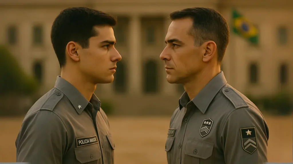 limite de idade para concurso da pm. Dois candidatos da Polícia Militar, um jovem e um mais velho, se encaram com seriedade, de perfil para a câmera. Ambos usam uniforme da PM e representam diferentes gerações com o mesmo objetivo.