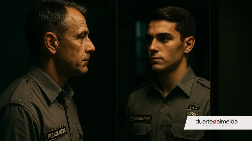 Policial militar de meia-idade observa seu reflexo mais jovem em um espelho, ambos usando uniforme da PM, em uma sala escura e silenciosa.