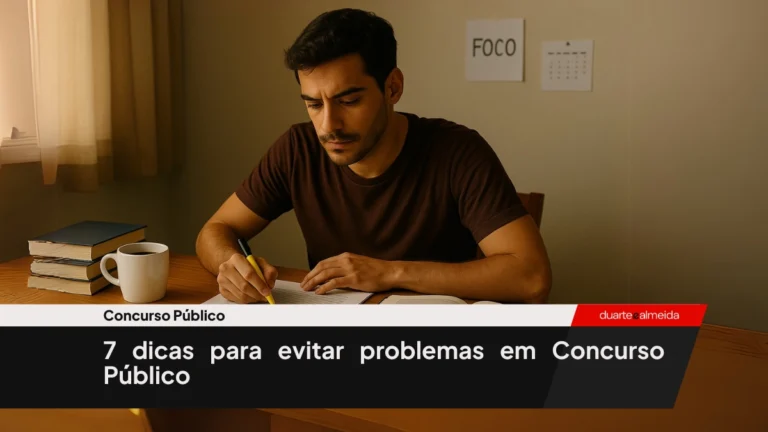 Concurseiro brasileiro concentrado estudando em sua mesa com livros, café e anotações.