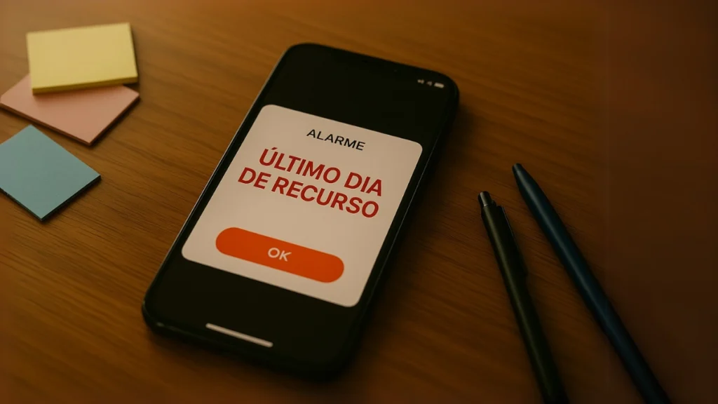 Celular sobre mesa de madeira mostrando o alerta “ALARME – ÚLTIMO DIA DE RECURSO”.